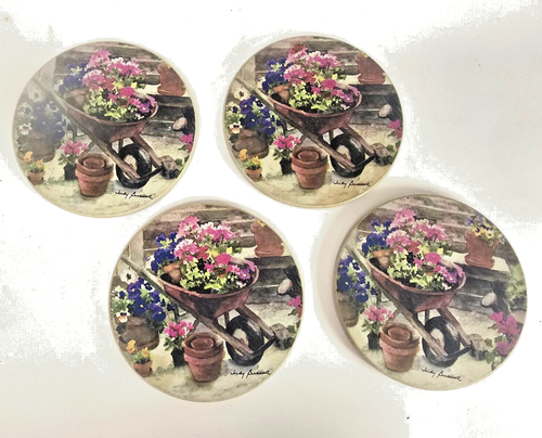 Set of 4 Vintage HindoStones Products Judy Buswell Flowercart Coasters - Picture 1 of 8
