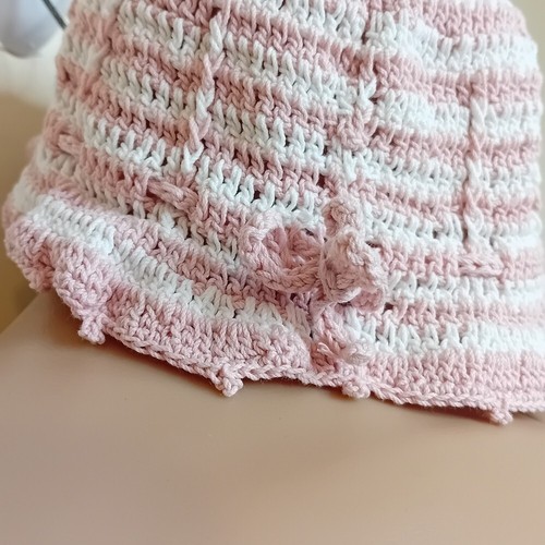 Handmade Infant Baby Girl's Baby Knitted Pink White Bucket Hat W Bow - Picture 5 of 6