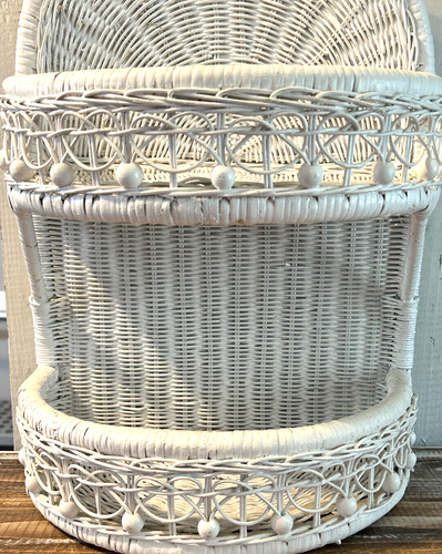 Vintage White Wicker Shelf Boho Cottagecore Two Shelves Hanging/Standing - Picture 3 of 7
