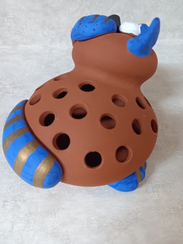 Vtg Cat Ceramic Pen/Paintbrush holder Handmade 1998 Decor Unique Blue & Brass - Picture 5 of 11