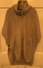 Inis Crafts Cable Knit S/M Beige Irish Merino Wool Zip Poncho Sweater READ