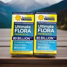 2 x RenewLife Colon & Constipation Probiotic 80 Billion CFU 30 Cap Bottle - NEW