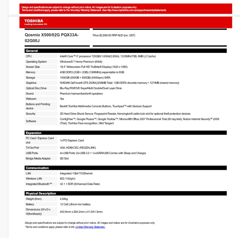 Toshiba Qosmio X500 18.4 INCH, Winds 11 Pro, 256GB SSD  + 120GB  SSD + 8GB RAM  - image 4 of 4