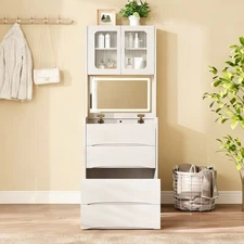 Vanity Table Set with LED Mirror & Storage Stool & 5 Storage Spaces for Bedroom