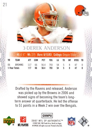 2007 SP Authentic Derek Anderson Cleveland Browns #21 - Picture 2 of 2