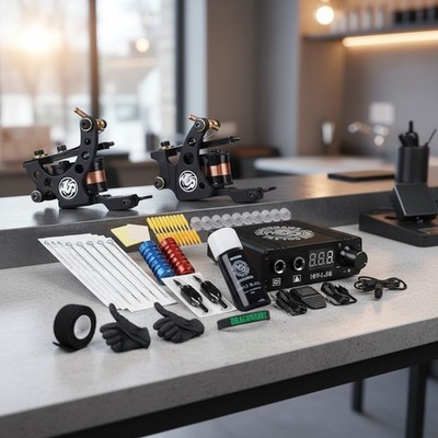 Pro Tattoo Starter Set: 2 Machines, Digital Power Supply & 20 Needles Included