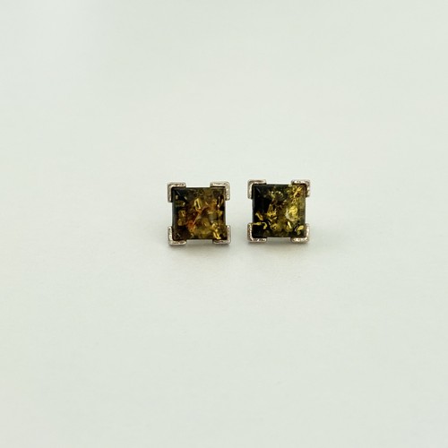Vintage 925 Sterling Silver Genuine Green Amber Stone Square Post Stud Earrings - Picture 2 of 9