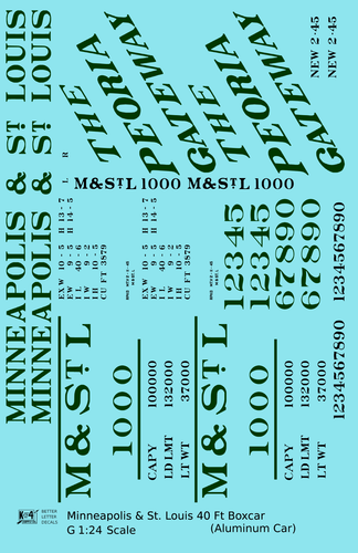K4 G 1:24 Scale Decals Minneapolis & St Louis Aluminum Boxcar Dark Green & Black
