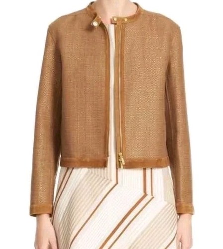 Lafayette 148 makena suede trim raffia weave jacket Size Small