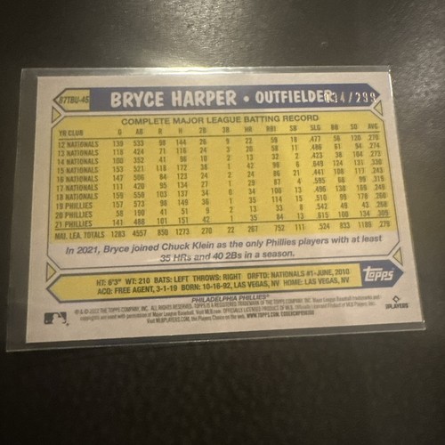 2022 Topps Series 2 - 1987 Topps Baseball Black #87TB-2 Bryce Harper /299 - Picture 2 of 2