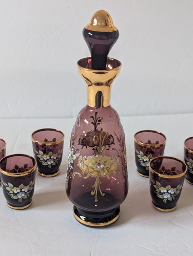 BOHEMIAN CZECH AMETHYST Purple Decanter w/6 Shot Glasses Set GOLD HANDPAINTED - Picture 11 of 14