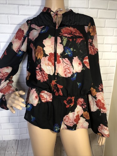 Worthington Shirt Womens Medium Black Floral Elastic Waist Velvet Trim - Picture 1 of 12