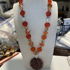 Beautiful Orange Glass Leaves & Lampwork Glass Bead Necklace 22” Pendant 1 3/4”