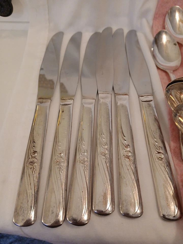 Juego completo de 6 cubiertos plateados H&T MFG CO VINTAGE 1940 Meadow, 26 piezas Foto 2 de 4