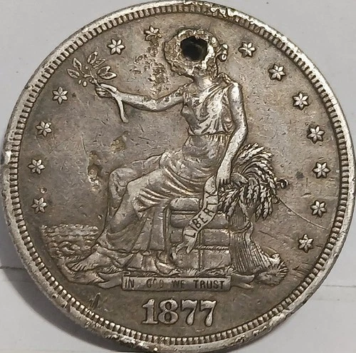 1877 Trade Dollar gray toning Silver $ holed rare coin about unc detail AU Hole
