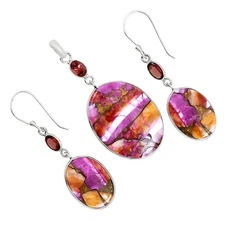 Kingman Orange Dahlia Turquoise & Garnet 925 Silver Pendant Earrings Set T-1010