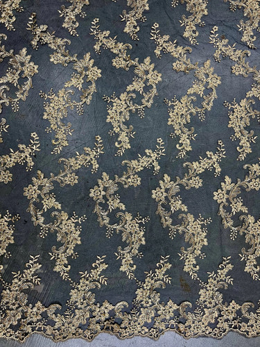 Cristina GOLD Polyester Blumenstickerei mit Pailletten auf SCHWARZEM Netz Spitze Stoff - Bild 3 von 4