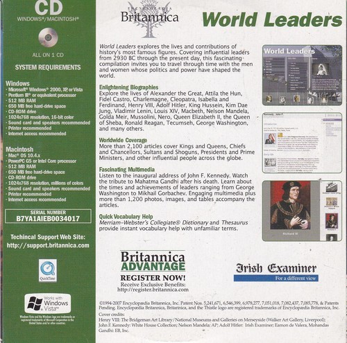 ENCYCLOPEDIA BRITANNICA WORLD LEADERS ( IRISH CD ROM ) - Zdjęcie 2 z 3