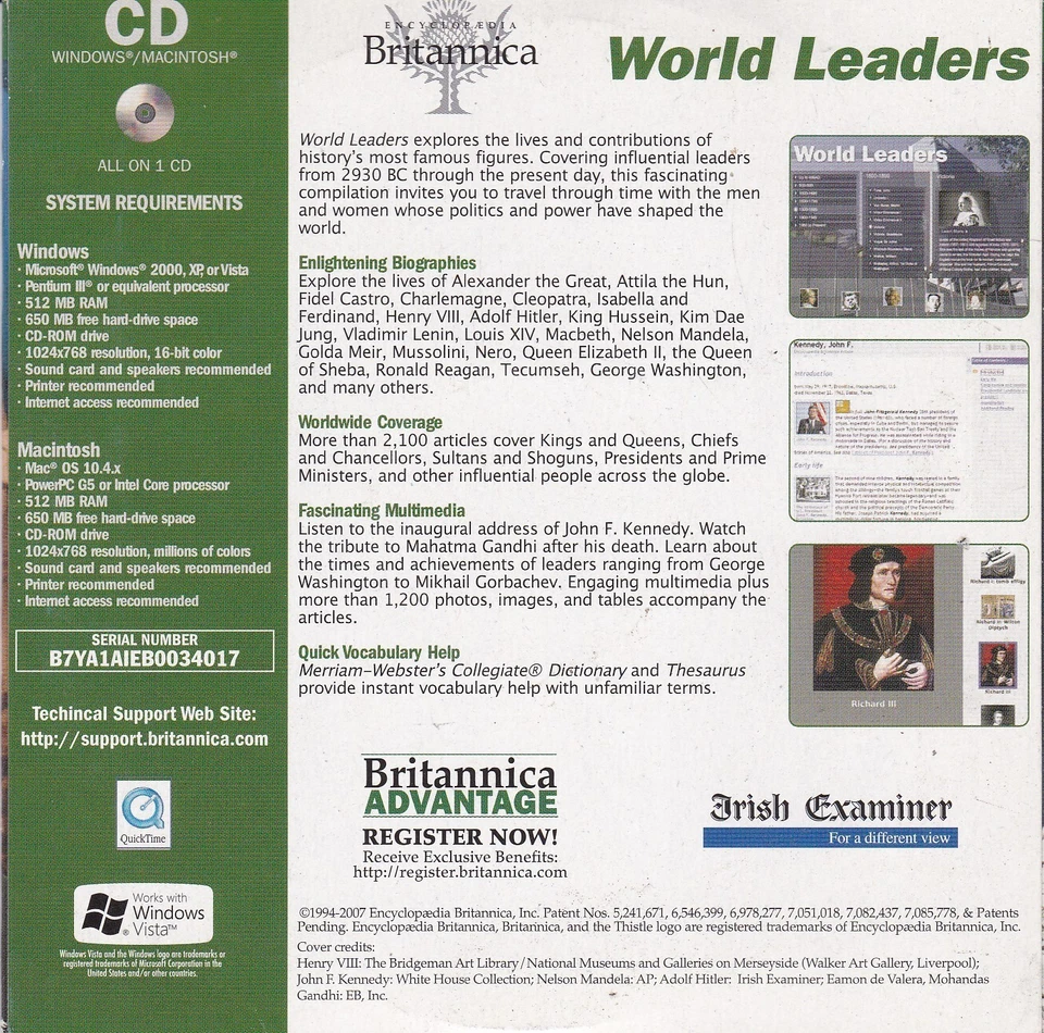 ENCYCLOPEDIA BRITANNICA WORLD LEADERS ( IRISH CD ROM ) - Bild 2 von 3