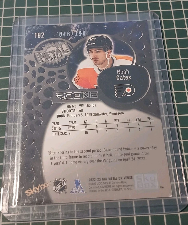 Noah Cates Rookie 2022-23 Skybox Metal Universe Flyers PURPLE /199 - Image 4 of 4