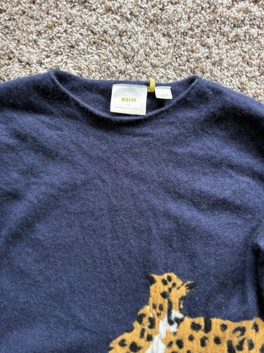 Maeve by Anthropologie 100% Cashmere Intarsia Cheetah Sweater Blue Size Large - Picture 5 of 7