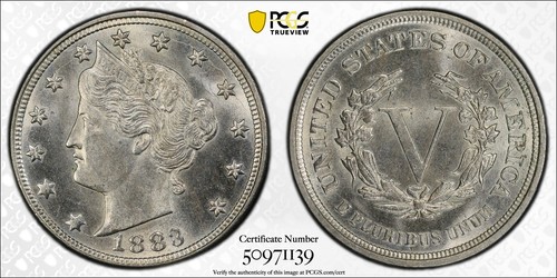 1883 5c Liberty Head V Nickel - PCGS MS65 No Cents w/ Repunched date - Picture 1 of 5