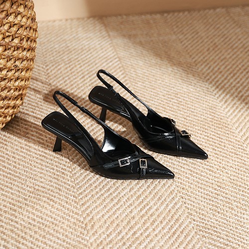 Womens Pointed Toe Slingback Sandals Buckle 6cm Mid Stilettos Heels Party Ladies - Picture 6 of 26