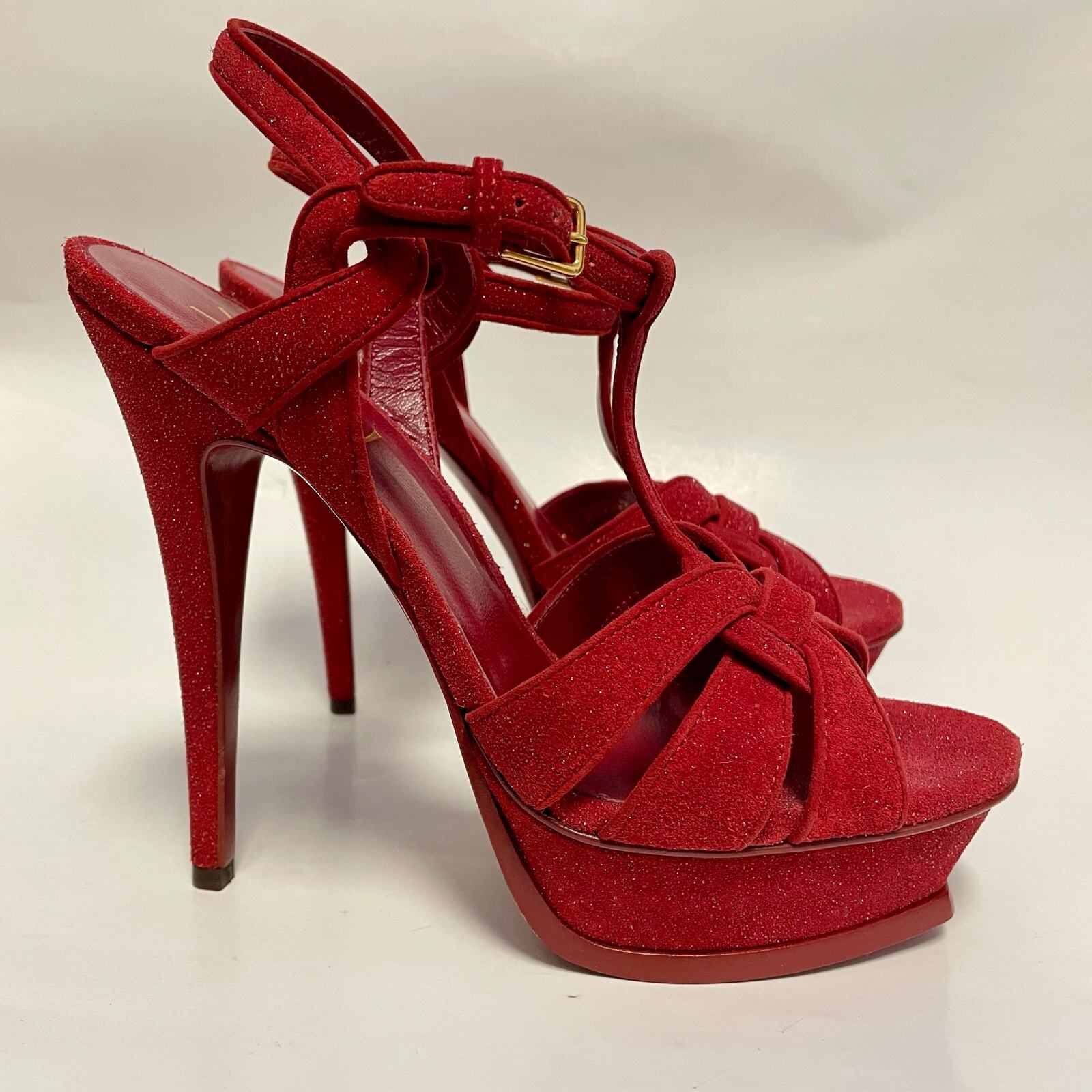 SAINT LAURENT YSL omaggio plateau tacco rosso scamosciato quarzo glitter EU 38 5 US 8 5