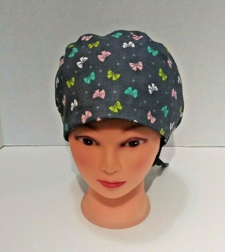Homemade scrub cap-doctors, nurses, veterinarians, Nail salon, cook Gray w/bows  - Picture 1 of 5