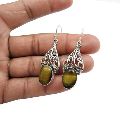 Pendientes Colgantes Boho De Ojo De Tigre Natural De Plata Esterlina 925 - Imagen 5 de 8