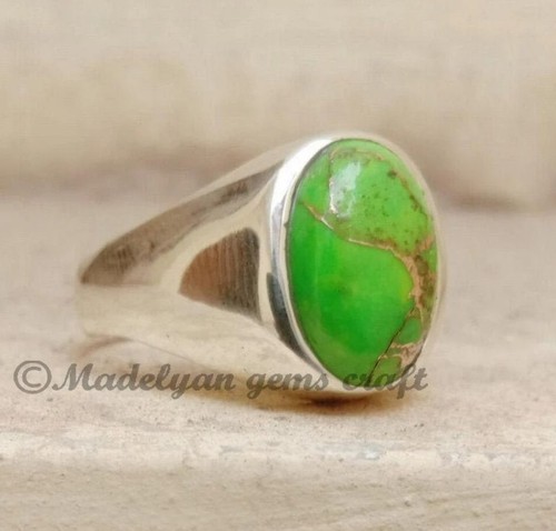 Natural Green Copper Turquoise Ring Sterling Silver Ring Men Gift For Him - Picture 2 of 5