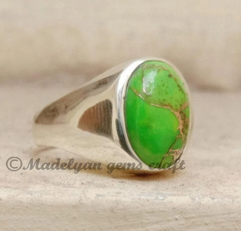 Anillo Turquesa Cobre Verde Natural Anillo Plata Esterlina Hombre Regalo Para Él Foto 2 de 4