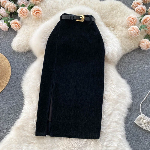 Women Midi Corduroy Skirt A-line Pencil Side Slit with Belt Retro Casual Dress - Bild 16 von 21