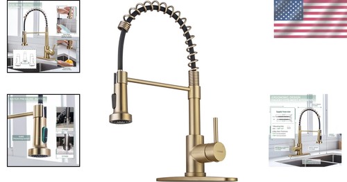 Brushed Gold Brass Kitchen Faucet with Pull Down Sprayer for Modern Utility - Picture 2 of 8