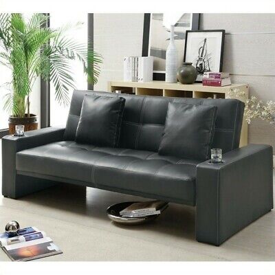 Coaster Faux Leather Sleeper Sofa With Cup Holders In Black Coaster Faux Leather Sleeper Sofa With, Black Faux Leather Sleeper Sofa