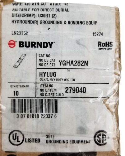 10 BURNDY YGHA282N 2Hole Lug Copper Compression Connector Straight 4/0 AWG NEW - Picture 6 of 7