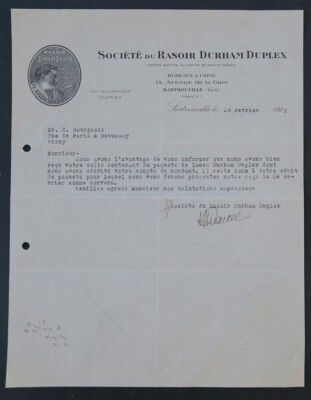 Rechnung 1922 Sté du RASOIR DURHAM DUPLEX SARTROUVILLE illustriert 64