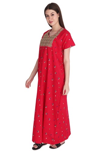 Indian Night Wear Gown Women Cotton Floral Printed Embroidered Nightwear Nighty - Picture 3 of 19