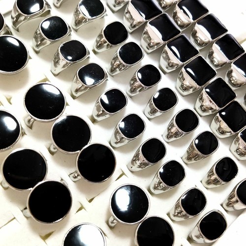 30pcs Shapes Mix Smooth Surface Black Enamel Silver Plated Metal Rings Unisex - Picture 3 of 9
