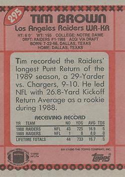 Tim Brown 1990 Topps #295a Los Angeles Raiders - Picture 2 of 2