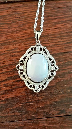 Genuine Large Lavender 8.4ct Jadeite Jade(Type A) 925 Silver Pendant with Chain - Foto 10 di 12