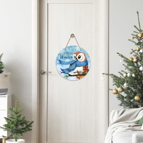 Hello Winter Owl Bird Sign for Front Door Decor, Pine Branch Snowflakes Blue - Foto 7 di 7