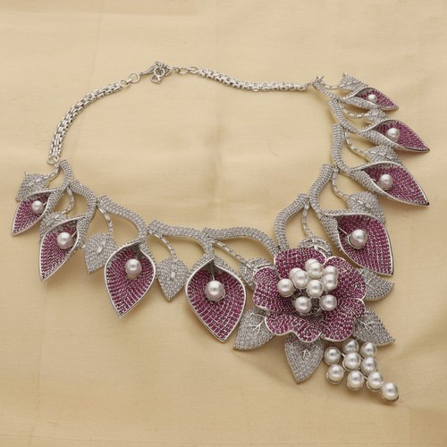 Stunning Necklace Earring Set Pearl & CZ Floral Design  Women Bridal Jewelry - Bild 17 von 37