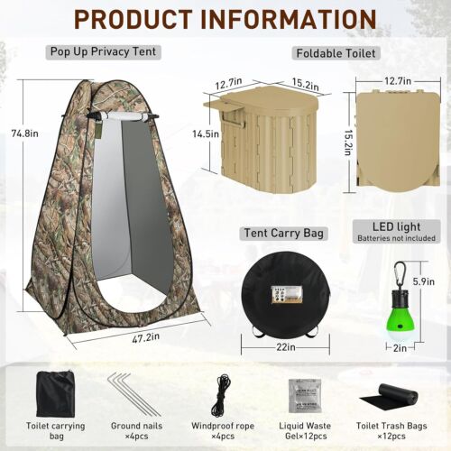 Tragbare Campingtoilette mit Pop-Up Sichtschutzzelt Outdoor Faltbar Camping Badezimmer - Bild 12 von 20