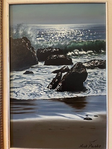 Vintage Nick Pasko Moonlight Seascape Painting 30x21 - Picture 2 of 6