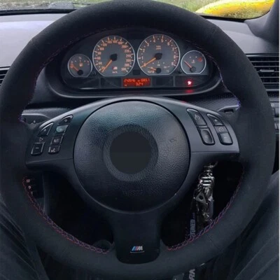 Hand Stitched Black Suede Car Steering Wheel Cover Wrap For BMW E46 M3 E39 330 - Imagen 1 de 4