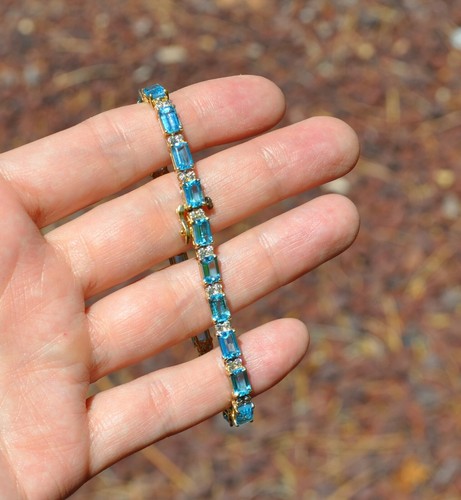 14k Solid Gold Natural Topaz Diamond Tennis Bracelet Emerald Rectangle Sz 7 1/8" - Picture 9 of 12