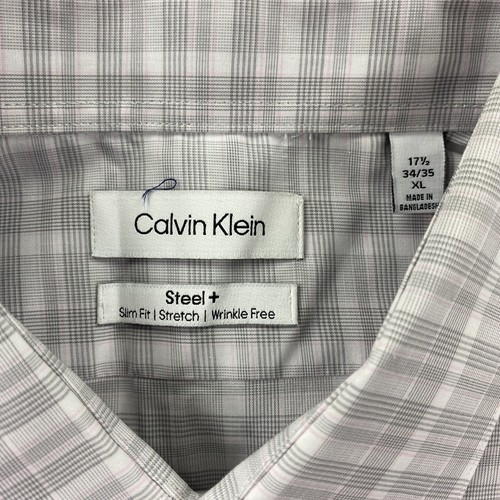 Calvin Klein Shirt Mens 17.5 White Plaid Button Up Extra Slim Fit Stain Shield - Picture 2 of 11