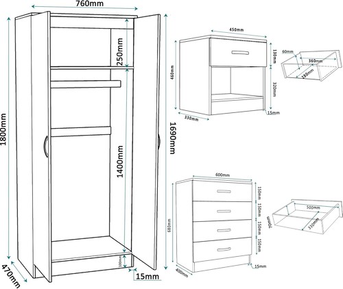 Juego de muebles de dormitorio de 4 piezas cómoda armario mesita de noche - Imagen 4 de 18