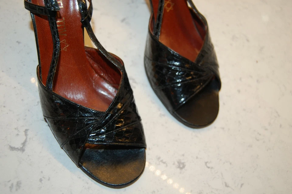 Sexy! ZAPATOS DE TACÓN ALTO DISCOTECA DE COLECCIÓN AÑOS 70 NEGROS DE PIEL DE SERPIENTE REAL PUNTA ABIERTA 37/7? Foto 2 de 4
